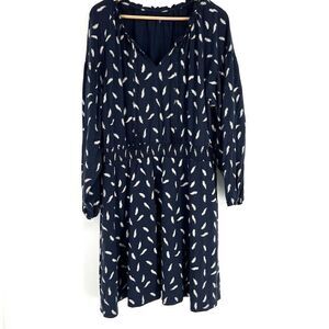 Garnet Hill Dress Size XL Navy Feather Print Boho Tassels Smocked Waist V Neck